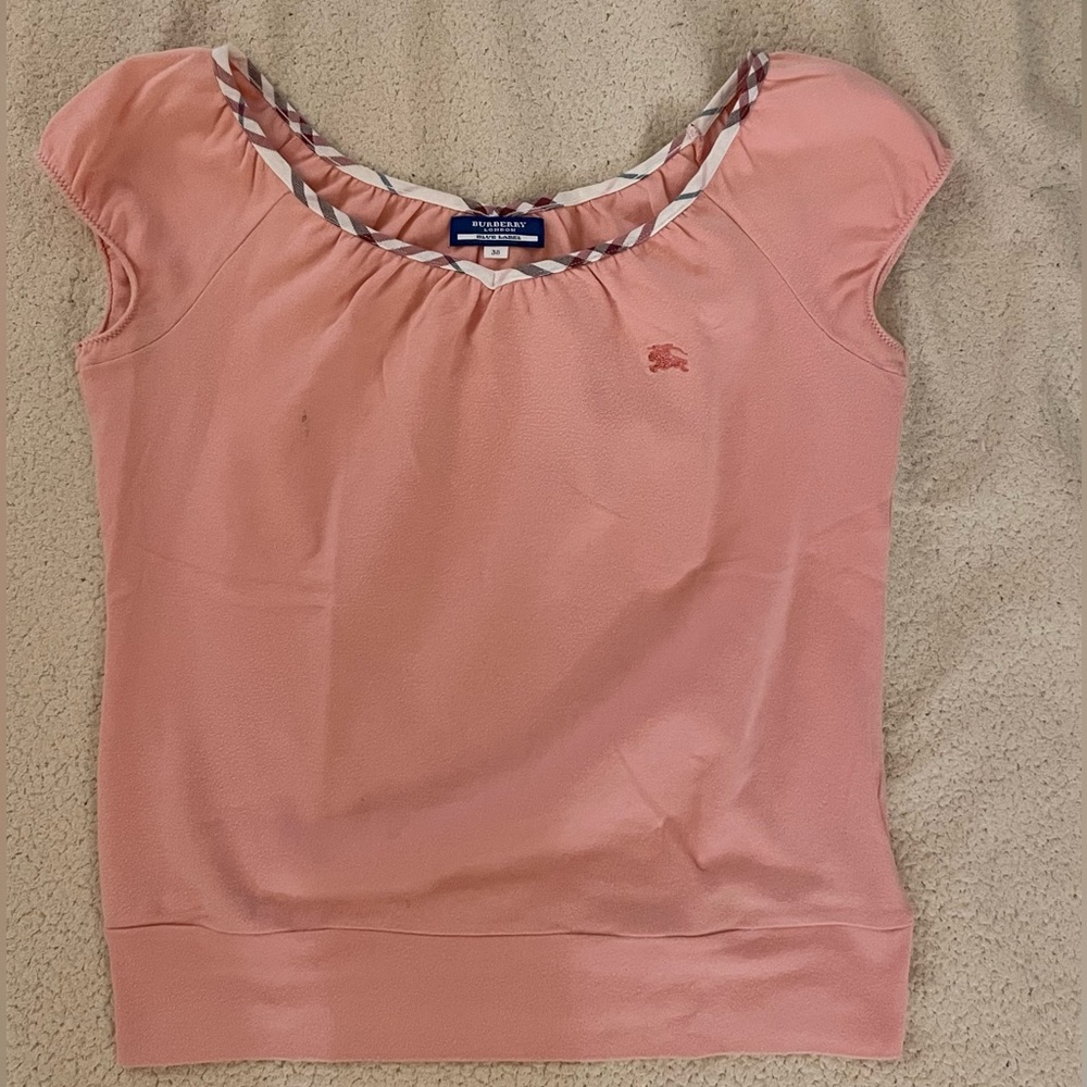 Auth Vintage Burberry blue label nova check collar top in orange pink